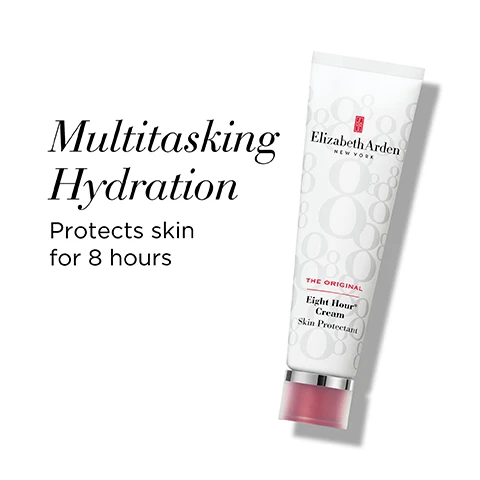 Image 1 - A tube of Elizabeth Arden Eight Hour Cream Skin Protectant is shown beside the text that reads Multitasking Hydration Protects skin for 8 hours.
              Image 2 - Image depicting the benefits of a skin protectant with icons and text including all-over moisture, shine lips & cheeks, soothe dry hands, heals cuts/scrapes, tame hair & eyebrows, treat sun/wind burn, relieve chapping, and smooths cuticles on a pink background.
              Image 3 - A tube of Elizabeth Arden Eight Hour Cream intensive moisturizing hand treatment with a red cap, featuring text that states it leaves hands soft and smooth, moisturizes for up to 8 hours, and soothes weather-exposed skin.
              Image 4 - Image depicting the benefits of a hand treatment with four icons representing 8-hour hydration, relief from chapping, softening effects, and fast absorption, on a pink background, with the text Hand Treatment Benefits at the top.
              Image 5 - A tube of peach-colored lipstick is partially uncovered next to its white patterned cap, with visible text listing benefits: Hydrates, Soothes, Protects with SPF 15, Smooths.
              Image 6 - Image shows various icons representing the benefits of lip protectant on a pink background, with the title Lip Protectant Benefits at the top, and icons labeled with text including all-over moisture, shine lips & cheeks, soothe dry hands, heals cuts/scrapes, tame hair & eyebrows, treat sun/wind burn, relieve chapping, and smooths cuticles.