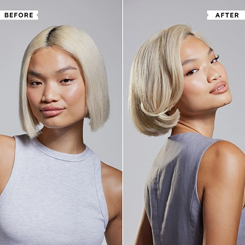 Image 1 - Image shows a side-by-side comparison of a models hairstyle before and after a styling treatment; the left side features the model with straight, chin-length blonde hair, while the right side shows the model with styled, voluminous blonde hair, and the text BEFORE and AFTER is displayed at the top of each side.
              Image 2 - A person holding a tube of Philip Kingsley Frizz-Fighting Gloss, with key benefits listed including heat protection up to 190°C, adds mirror-like shine for vibrancy, and eliminates frizz for smooth, silky locks.
              Image 3 - A hand holding a spray can of Philip Kingsley styling product, with visible text listing key benefits: Lightweight, ultra-fine formula; Soothes and cleans the scalp on the go; Volumises the hair with no residue; Absorbs excess oil, sweat and odour.
              Image 4 - A hand holding a can of Philip Kingsley Styling Finishing Touch hairspray is shown, with a list of key benefits on the right: Protects all styles, Weightless, flexible, natural hold, Brushes out easily, Long-lasting hold without dryness or crispiness.
              