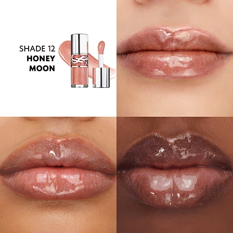 Image 1 - A four-panel image displays a tube of shimmery honey-brown lip gloss, a swatch, and three close-ups of the gloss on lips across light, medium, and dark skin tones, along with the text SHADE 12 HONEY MOON. Image 2 - Twelve shiny lip gloss swatches in two columns display the colors and names: 1 Thunder Stealer, 5 California Sunshine, 6 Espresso Stardust, NEW 10 Stardust Love, NEW 11 Radiant Glass, NEW 12 Honey Moon, 2 Lucky Moonstone, 3 Mellow Mallow, 4 Honey Pure Love, 7 Strawberry Star, 8 Purple Dream, 9 Cherry Flash, and 44 Nude Lavalliere. Image 3 - A grid of lip gloss swatches showcasing shades 01, 02, 03, 05, 06, 07, 08, 09, 10, 11, 12, and 44 on different skin tones. Image 4 - A shimmering purple lip gloss bottle is partially submerged in water with ripples and droplets, against a purple background, with the text Spoil your lips 95% oil-infused formula. Image 5 - A purple glitter lip gloss bottle with a silver cap and YSL logo is shown next to ginger root and black peppercorns, with text reading Puffer Lip Volume Stimulating Ginger & Pepper Oils. Image 6 - An YSL beauty comparison chart showcases four lip products: YSL Loveshine Candy Glow, YSL Loveshine, YSL Loveshine Candy Glaze, and YSL Loveshine Plumping Lip Oil Gloss, displaying their packaging, lip swatches, texture swatches, and grid ratings for longwear and color coverage, with the text FIND YOUR YSL LIPSTICK, TEXTURE, Buttery Healthy Glow, Oil-Infused Wet Shine, Jelly-Like Glazed Shine, Syrupy Glassy Shine, LONGWEAR, and COLOR COVERAGE.