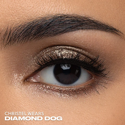 Image 1 - Close-up of an eye featuring shimmery bronze eyeshadow and long eyelashes, with visible text reading Christel wears Diamond Dog.
              Image 2 - A square container of shimmery eyeshadow in mocha brown, surrounded by loose powder, with visible text stating DIAMOND DOG MOCHA BROWN WITH GOLD & SILVER MICRO PEARLS and MOONDUST URBAN DECAY.
