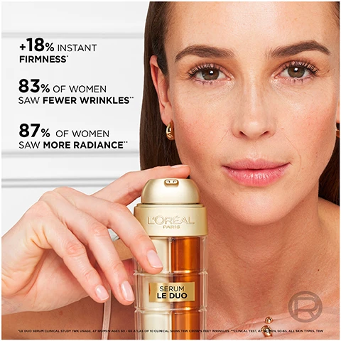 Image 3 - A woman with glowing skin holds a bottle of LOréal Paris Serum Le Duo, featuring text that states +18% instant firmness, 83% of women saw fewer wrinkles, and 87% of women saw more radiance.
              Image 4 - Image shows a side-by-side comparison of the skin around the eyes labeled before and after, indicating a reduction in wrinkles, with the text clinically proven to reverse the look of up to 5 years of wrinkles.
              Image 5 - A woman is shown with a calm expression, applying a product to her face using both hands, with visible text stating VISIBLE RESULTS followed by checkmarks and text that reads APPLIES SMOOTHLY, NO PILLING, and FAST ABSORPTION.
              Image 6 - A woman with sleek hair poses confidently, holding a gold mascara tube while wearing a black top, with visible text that reads LORÉAL PARIS, PANORAMA MASCARA UP TO 1.4X BIGGER-LOOKING EYES, and BECAUSE YOURE WORTH IT.
              Image 7 - Image shows a split comparison of two eyes with one labeled BEFORE and the other AFTER, demonstrating a cosmetic effect that makes eyes appear 1.4X bigger, with the text EYES APPEAR 1.4X BIGGER prominently displayed above.
              Image 8 - A woman with long brown hair and bold makeup poses with her hand behind her head, wearing large earrings, with text that reads CORNER-TO-CORNER PANORAMIC VOLUME and two bullet points stating FANNED OUT LASHES and SMUDGE RESISTANT.