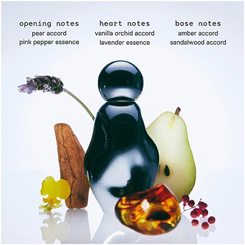 Image 1 - A black and rounded perfume bottle is centered with surrounding elements including a pear, pink flowers, and an amber piece, with the text opening notes pear accord pink pepper essence, heart notes vanilla orchid accord lavender essence, and base notes amber accord sandalwood accord displayed above and beside the bottle.
              Image 2 - Two perfume bottles side by side with text describing their fragrance families and notes, labeled as Cosmic Kylie Jenner and Cosmic Kylie Jenner 2.0, featuring descriptions such as ambery floral and floral amber, along with specific notes like star jasmine, blood orange, and amber accord.
              Image 3 - A reflective chrome bottle with a round top is displayed against a dark background, accompanied by the text featuring a new chrome look, the sculptural bottle is formed to fit perfectly in the palm of your hand.
              Image 4 - A shiny, abstract figure is shown with a flowing element beside it, and the text reads apply to your pulse points: spritz or dab (don’t rub) onto the inside of your wrists, inner elbows, and behind ear lobes.
              Image 5 - A transparent perfume bottle labeled cosmic Kylie Jenner is centered among black, stylized figures representing various sizes labeled 10mL, 30mL, 50mL, and 100mL.