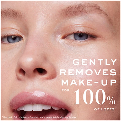 Image 1 - A close-up of a womans eyes, nose, and glossy lips, with the text GENTLY REMOVES MAKE-UP FOR 100% OF USERS* and *Use test - 20 volunteers. Satisfaction % immediately after application. Image 2 - An image shows four Nuxe Very Rose cleansing products and their descriptions: Micellar Water Express Makeup Remover, Cleansing Oil Removes Waterproof Makeup, Creamy Cleansing Milk Gently Removes Makeup, and Light Cleansing Foam Gently Cleanses & Purifies in a Rinse Off Formula.