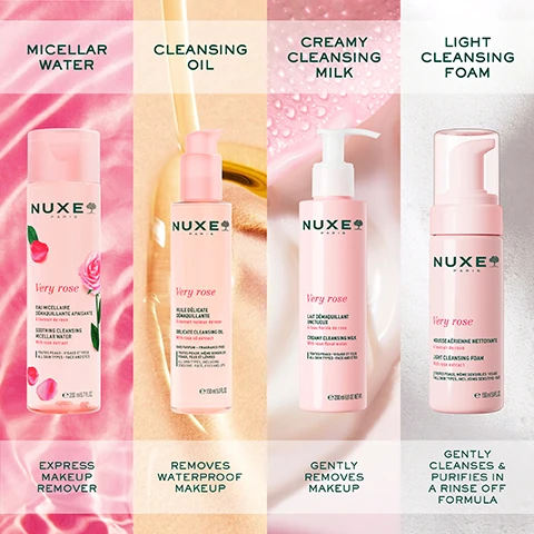 Image 1 - Image shows four skincare products from NUXE Paris, each in a pink bottle labeled as Micellar Water, Cleansing Oil, Creamy Cleansing Milk, and Light Cleansing Foam, with respective descriptions including Express Makeup Remover, Removes Waterproof Makeup, Gently Removes Makeup, and Gently Cleanses & Purifies in a Rinse Off Formula.
              Image 2 - A close-up image of a persons face showcasing clear skin with text that reads, REMOVES STUBBORN MAKE-UP FOR 95% OF USERS* and smaller text stating, *Use test - 20 volunteers. Satisfaction % immediately after application.