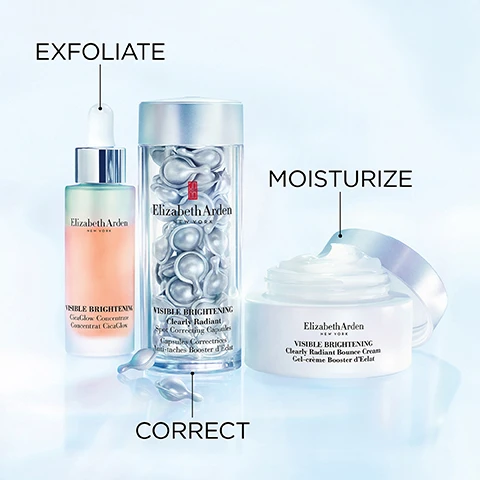 Image 1 - Image of three skincare products from Elizabeth Arden with the words Exfoliate, Correct, and Moisturize positioned near each product; the products include a dropper bottle, a bottle of capsules, and a cream jar, all labeled with the product names.
              Image 2 - Image shows a side-by-side comparison of a womans face with visible skin changes; the left side labeled Before shows more fine lines and texture, while the right side labeled After 2 Weeks appears smoother and more refined.
              Image 3 - Image shows two transparent containers of visible brightening capsules side by side, labeled OLD FORMULA on the left and NEW FORMULA on the right, with visible text detailing their contents and usage instructions.
              Image 4 - A woman with dark hair and a radiant smile holds a silver bottle of skincare product, with text stating 100% show visibly reduced dark spots and additional details about the product and study results at the bottom.
              Image 5 - A close-up of a womans face with a cream applied to her cheek, accompanied by the text 100% saw smoother, more radiant skin*.