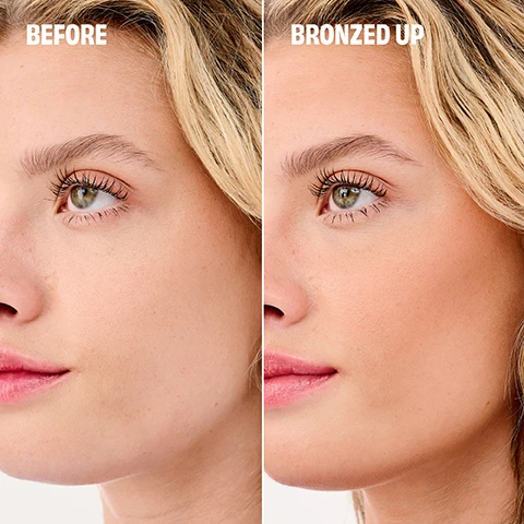 Image 1 - A split image showing a persons face in profile: the left side labeled BEFORE shows a natural skin tone, and the right side labeled BRONZED UP shows the same person with a tanned complexion.
              Image 2 - Image features a stylized background with various shades of brown and a pink overlay, displaying text that reads Make every day a Hoola-day, Benefit bestseller, Silky-soft powder, and Natural-looking matte finish.