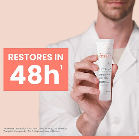 Image 1 - A healthcare professional in a white lab coat holds a tube of Avene Cicalfate cream, with the text RESTORES IN 48h prominently displayed in bold orange letters.
              Image 2 - A tube of Avène Cicalfate+ restorative protective cream is displayed against a light background, with icons indicating its uses for nappy area, localized dryness, sunburn, scars appearance, very dry hands, and post-waxing, accompanied by the text 40 INDICATIONS OF USE.
              Image 3 - A woman with curly hair holds a tube of skincare product while wearing a white sleeveless top, next to four labeled benefits: soothing, restoring, purifying, and nourishing.
              Image 4 - A tube of Avène Soothing Eye Contour Cream is displayed alongside text stating that 98% found their eye contour to be hydrated, with additional phrases Decongests & soothes, Sensitive eyes, and Eau Thermale Avène.
              Image 5 - A tube of Avene soothing eye contour cream, labeled Hydrating, Soothing, Decongesting, and Fragrance-Free, with a graphic representing each benefit and the text Soin apaisant contour des yeux and Yeux sensibles displayed on the product.