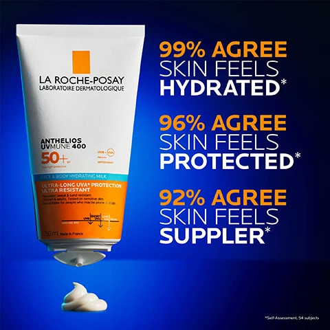 Image 2 - Image of a tube of La Roche-Posay Anthelios UVMUNE 400 sunscreen with visible text indicating that 99% agree skin feels hydrated, 96% agree skin feels protected, and 92% agree skin feels suppler.
              Image 3 - A tube of La Roche-Posay Anthelios UVMune 400 sunscreen is shown, with the product dispensing a portion of creamy lotion against a blue background, featuring bold text stating 99% AGREE SKIN FEELS HYDRATED* and additional product details.
              Image 4 - A promotional image features two La Roche-Posay products: a white bottle of face and body sun protection labeled Anthelios Immune 400 with the text FACE & BODY SUN PROTECTION and a white can of thermal spring water labeled THERMAL SPRING WATER, both accompanied by the phrase OUR WINNING DUO.
              Image 5 - A close-up of a persons face with a light sunscreen or moisturizer being applied to their cheek, featuring text that reads Moisturizing Non-Sticky No White Marks, Ultra-Long UVA Protection, and Ultra Resistant to Sand Water and Sweat.
              Image 6 - Image shows three sections with distinct visuals and text labels: the first section features a glowing orb with radiating lines labeled Mexoryl 400™ and text reading ultra-long UVA protection; the second section displays a vibrant blue and red pattern labeled Vitamin E with the text anti-oxidant properties; the third section showcases clear droplets against a blue background labeled Glycerin with text stating nourishes and moisturize skin.
              Image 7 - Image shows the La Roche-Posay logo at the top, a blue badge stating RECOMMENDED BY DERMATOLOGISTS, an illustration of a woman touching her face labeled SUITABLE FOR VERY PHOTOSENSITIVE SKIN, and an icon indicating PROTECTION AGAINST UVA/UVB.
              Image 8 - A gloved hand holds a tube of La Roche-Posay Anthelios Uvmune 400 sunscreen, which claims to provide very high protection with UVA and UVB filters, and features text indicating it is the number one dermatologist recommended skincare brand in the UK.