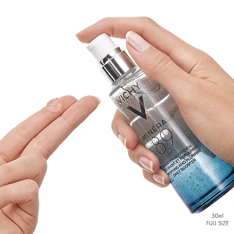 Image 3 - A person is holding a bottle of Vichy Mineral 89 while dispensing a small amount of gel onto their fingertip, with visible text indicating 50ml and FULL SIZE on the bottom right.
              Image 4 - Image shows bubbles representing hyaluronic acid on the left and a textured water surface on the right, with the text Hyaluronic Acid + Millions of Minerals, Hydrates & Plumps Skin, Strengthens & Repairs Skin Barrier.
              Image 5 - A clear jar of Vichy Minéral 89 72H Moisture Boosting Cream is shown, accompanied by the text that states +60% instant hydration, up to 72H moisture lock-in, fragrance-free, and size of 15ml.
              Image 6 - A tube of Vichy Capital Soleil UV-Age Daily Invisible SPF Water Fluid with a white and silver design, featuring the text SPF 50+, UV-AGE DAILY, ANTI PHOTO-AGEING WATER FLUID, and details about advanced UV protection for anti-ageing.