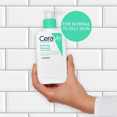 Image 1 - A hand holds a bottle of CeraVe Foaming Cleanser against a white tiled background, with a green circle displaying the text FOR NORMAL TO OILY SKIN.
              Image 2 - A hand holding a white bottle of CeraVe Foaming Cleanser on a bright teal background, with text highlighting its features: removes dirt and excess oils without disrupting the skin barrier, refreshing gel to foam texture, and enriched with hyaluronic acid and niacinamide.
              Image 3 - Image shows three skincare products from CeraVe arranged on a light surface with a water-like texture; the products are labeled PROTECT, HYDRATE, and CLEANSE, with descriptions indicating their functions.