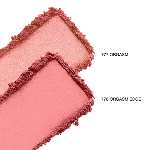 Image 1 - Two rectangular blush pans display shades of pink, with the top labeled 777 ORGASM and the bottom labeled 778 ORGASM EDGE.
              Image 2 - Three arms of different skin tones displaying swatches of two lip colors labeled 777 ORGASM and 778 ORGASM EDGE.
              Image 3 - An image showing two sizes of NARS blush compacts, with a mini compact on the left and a full-size compact on the right, alongside a swatch of pink blush powder, with visible text stating MINI above the mini compact and FULL-SIZE above the full-size compact.