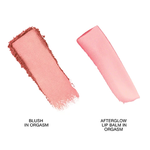 Image 1 - A swatch of pink blush on the left labeled Blush in Orgasm and a swatch of light pink lip balm on the right labeled Afterglow Lip Balm in Orgasm.
              Image 2 - Three arms of different skin tones are displayed, each showcasing swatches of a blush and a lip balm, with labels on the left reading ORGASM BLUSH and ORGASM AFTERGLOW LIP BALM.