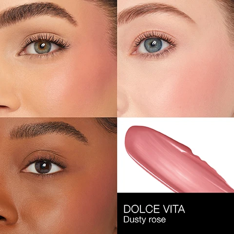 Image 1 - The image features four sections displaying close-ups of different womens faces with varying skin tones, showcasing makeup looks; there is also a swatch of a dusty rose product next to the text DOLCE VITA Dusty rose.
              Image 2 - Image shows four close-up images of lips showcasing different shades of lip color, with a sample swatch of a lip product on the bottom right labeled CHELSEA GIRLS Warm pink beige.
              Image 3 - Three arms are shown displaying swatches of cosmetics, with the left arm showing Afterglow Liquid Blush in Dolce Vita and Afterglow Lip Shine in Chelsea Girls, and the right arm showcasing another color swatch.
              Image 4 - A rectangular cosmetic product is centered among circular lip color swatches in various shades of pink, red, and purple, with visible text that reads COLOR MEETS CARE, Natural luminous finish, 8-hour hydration, and Lasting, transfer-resistant wear.
              