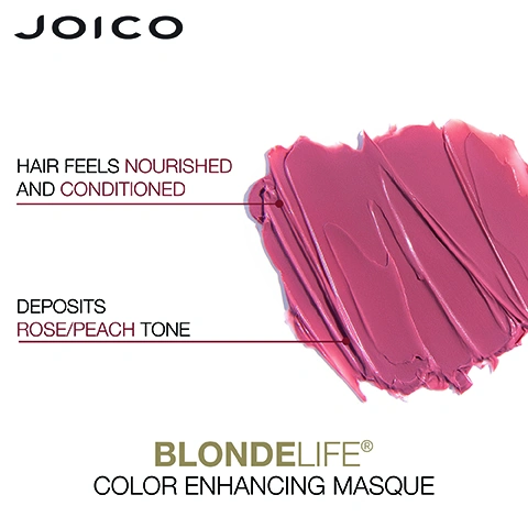 Image 2 - A smear of pink hair product is shown, with the text stating that it nourishes and conditions hair, deposits a rose/peach tone, and features the product name Blondelife Color Enhancing Masque.