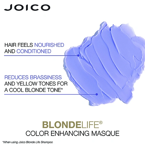 Image 2 - Image shows a purple hair masque with text that reads HAIR FEELS NOURISHED AND CONDITIONED, REDUCES BRASSINESS AND YELLOW TONES FOR A COOL BLONDE TONE*, and BLONDE LIFE® COLOR ENHANCING MASQUE.