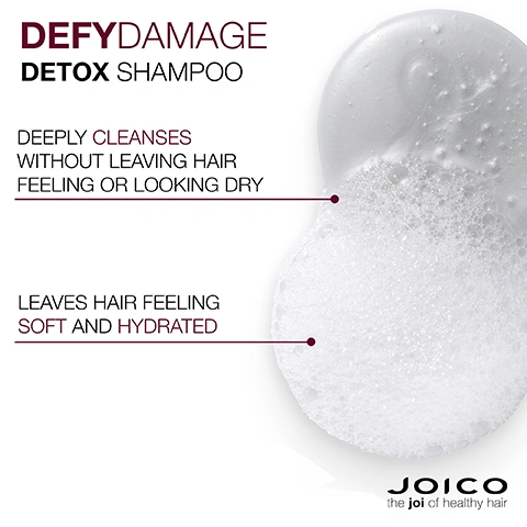 Image 3 - Image of a bottle of Joico Defy Damage Detox Shampoo, showing bubbly shampoo on a gray background, with text stating DEEP CLEANSES WITHOUT LEAVING HAIR FEELING OR LOOKING DRY and LEAVES HAIR FEELING SOFT AND HYDRATED.