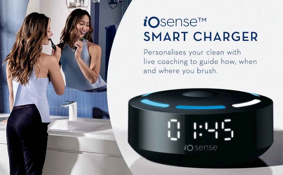 iosense™ SMART CHARGER Personalises your clean with live coaching to guide how, when and where you brush. 0 1:45. iO sense.