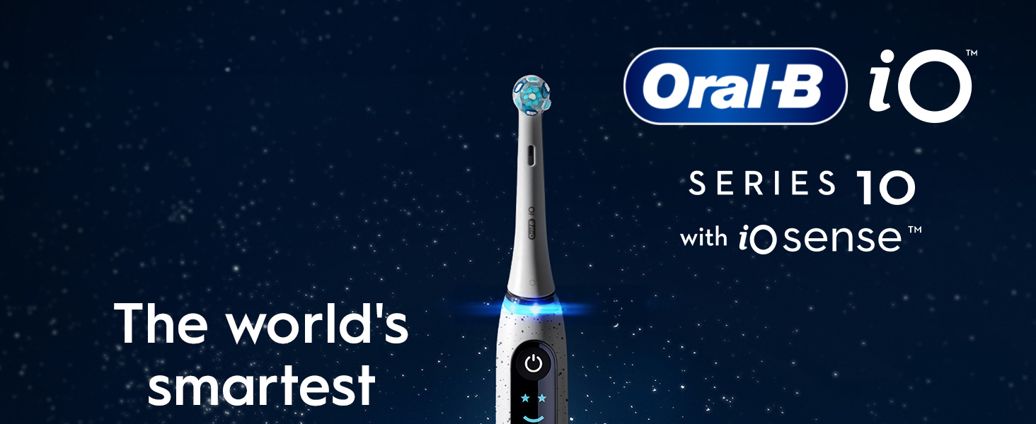 A white Oral-B iO electric toothbrush with a glowing blue ring on a starry background displays the text The worlds smartest Oral-B iO SERIES 10 with iOsense.