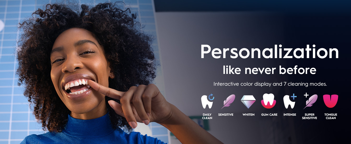 A smiling woman points at her teeth next to text and icons reading Personalization like never before Interactive color display and 7 cleaning modes Daily Clean Sensitive Whiten Gum Care Intense Super Sensitive Tongue Clean.