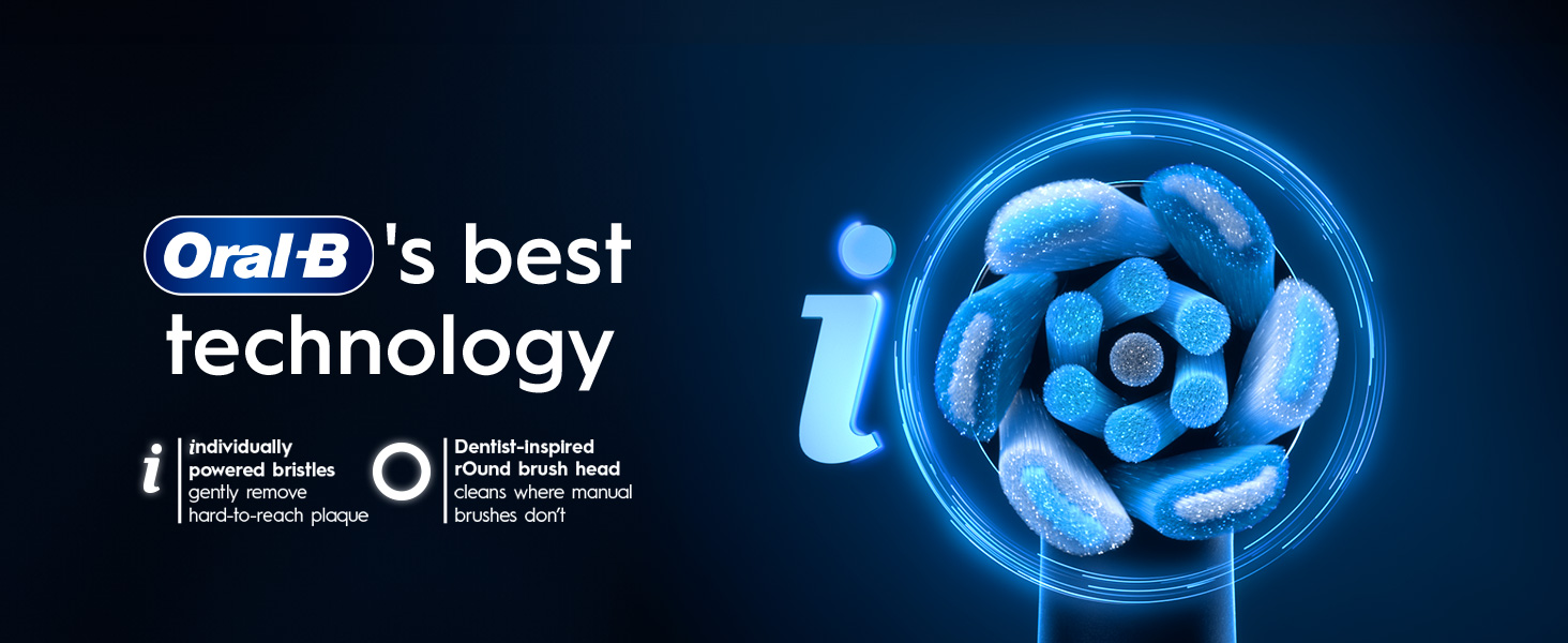 A high-tech illustration of an Oral-B brush head with glowing blue bristles is shown alongside text that reads Oral-Bs best technology, individually powered bristles gently remove hard-to-reach plaque, Dentist-inspired rOund brush head cleans where manual brushes dont.
