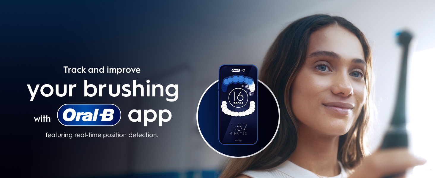 A woman smiles while holding an Oral-B electric toothbrush with a phone displaying the Oral-B app next to her, and the text Track and improve your brushing with Oral-B app featuring real-time position detection.