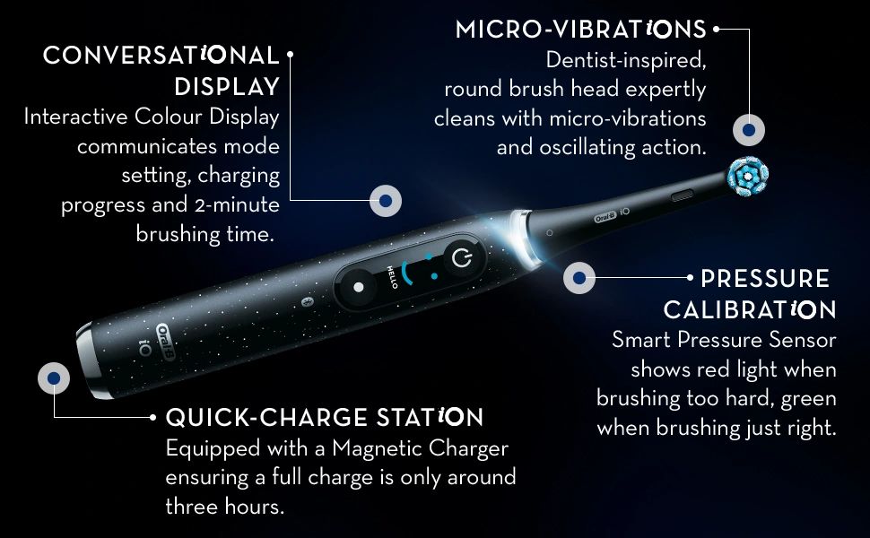 CONVERSATIONAL DISPLAY. Interactive Colour Display communicates mode setting, charging progress and 2-minute brushing time. MICRO-VIBRATIONS Dentist-inspired,
                                  round brush head expertly cleans with micro-vibrations and oscillating action. IG Oral 10 PRESSURE QUICK-CHARGE STATION Equipped with a Magnetic Charger ensuring a full charge is only around three hours. CALIBRATION Smart Pressure Sensor shows red light when brushing too hard, green when brushing just right..