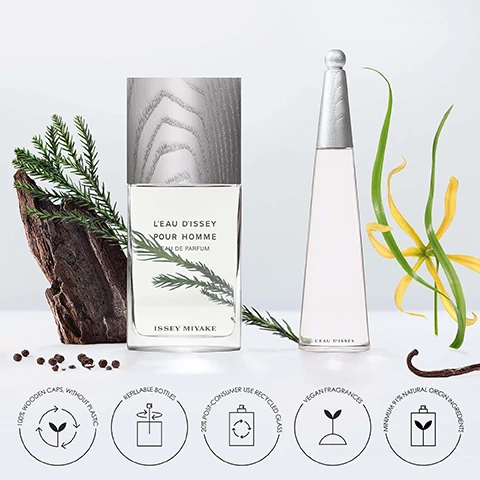 Image 1 - A fragrance bottle labeled LEau dIssey Pour Homme sits beside a smaller, elongated bottle, with green leaves and wood pieces nearby, and visible text includes 100% wooden caps, refillable bottles, 20% post-consumer use recycled glass, vegan fragrances, and minimum 97% natural origin ingredients.
              Image 2 - An image featuring six bottles of Issey Miyakes LEau dIssey pour homme fragrances, labeled with their names and scent descriptions, including Eau de Toilette, Eau de Toilette Intense, and Eau de Parfum variants like Eau&Cèdre and Wood&Wood, with a light background.