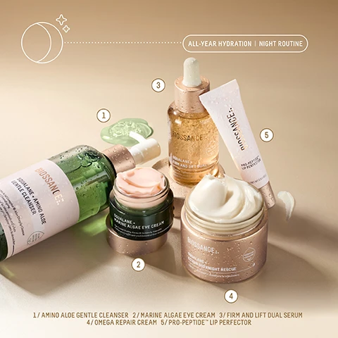 Image 1 - An arrangement of skincare products on a beige surface, including a green cleanser, two cream jars, a golden serum, and a lip perfecter, with labels indicating their names and numbers: 1 Amino Aloe Gentle Cleanser, 2 Marine Algae Eye Cream, 3 Firm and Lift Dual Serum, 4 Omega Repair Cream, 5 Pro-Peptide Lip Perfector, and a description above reading All-Year Hydration Night Routine.
              Image 2 - A jar of Biossance Squalane + Ectoin Overnight Rescue cream is shown with a smooth, white cream on top, accompanied by text about its benefits, including 24-hour hydration, overnight barrier repair, and redness relief statistics.
              Image 3 - An abstract close-up image of a gel-like substance filled with bubbles, featuring three lines of text that read: VISIBLY FIRMS, LIFTS + SCULPTS, HELPS REDUCE WRINKLES, and BOOSTS HYDRATION.
              Image 4 - Image shows four serum bottles arranged horizontally with descriptions underneath each: The Total Lift, The Power Plumper, The Power Vanisher, and The Ultimate Smoother; visible text reads FIND YOUR SERUM SUPERHERO along with product benefits.