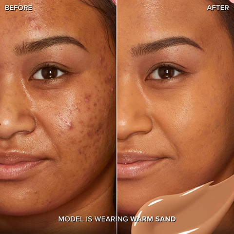 Image 1 - Image shows a side-by-side comparison of a woman’s face before and after applying makeup, with visible skin imperfections on the left and a smooth complexion on the right, including the text BEFORE, AFTER, and MODEL IS WEARING WARM SAND.
              Image 2 - Image of a concealer bottle labeled Too Faced Born This Way Multi-Use Sculpting Concealer Super Coverage with a black cap, against a pink background, featuring text that states OIL FREE, NON-COMEDOGENIC, 12-HOUR WEAR, NO PHOTO FLASHBACK, and CLINICALLY TESTED TO BOOST MOISTURE INSTANTLY BY 52%, with a note about clinical testing on 12 women immediately after product use.
              Image 3 - An image showing two bottles of concealer, a full-size bottle on the left with a wand applicator and a travel-size bottle on the right, both labeled Born This Way MULTI-USE SCULPTING CONCEALER SUPER COVERAGE on a pink background with the text FULL SIZE and TRAVEL SIZE near each bottle.