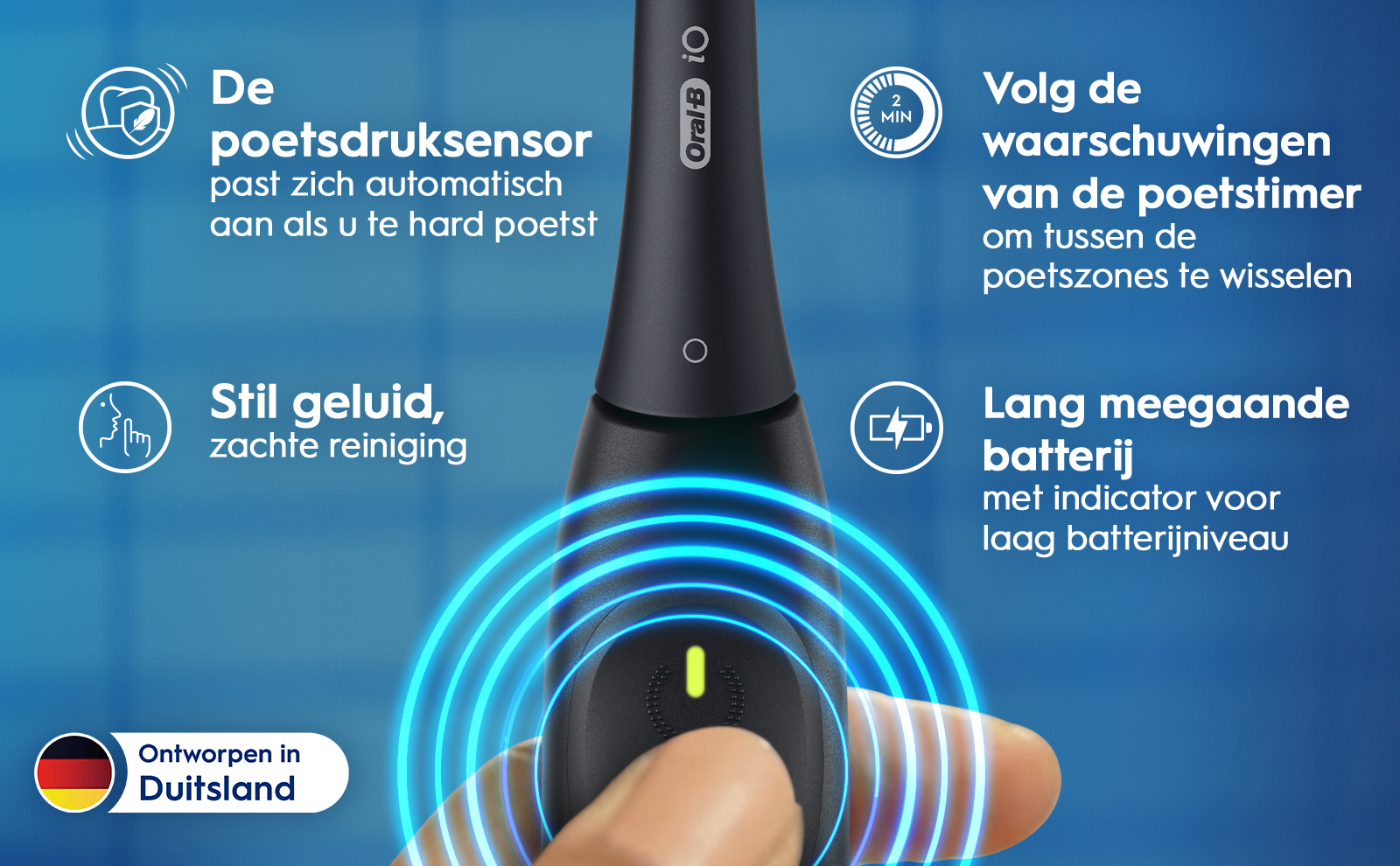 An electric toothbrush is shown with various icons and text highlighting features such as a pressure sensor, quiet operation, timer warnings, and long-lasting battery with a low battery indicator. The visible text includes: De poetsdruksensor past zich automatisch aan als u te hard poetst, Stil geluid, zachte reiniging, Volg de waarschuwingen van de poetsimer om tussen de poetszones te wisselen, Lang meegaan batterij met indicator voor laag batterijniveau, Ontworpen in Duitsland.