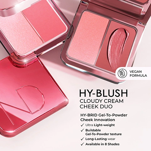 Image 1 - Two open pink blush compacts are displayed, one showing a shimmering pink powder and a swatched creamy pink blush, with text that reads: VEGAN FORMULA, HY-BLUSH, CLOUDY CREAM CHEEK DUO, HY-BRID Gel-To-Powder Cheek Innovation, Ultra Light-weight, Buildable Gel-To-Powder texture, Long-Lasting wear, Available in 8 Shades. Image 2 - Close-up of a face with a makeup guide on the cheek, showing a larger area labeled 1 for blush in a reddish-pink shade, and a smaller area labeled 2 for highlighter in a shimmery pink shade, with a legend stating STEP 1 BLUSH and STEP 2 HIGHLIGHTER. Image 3 - Two pink makeup compacts, one with dusty rose matte powder and a stylized Z on its lid, the other with shimmery light pink powder, are displayed with streaks of matching product behind them on a white background, alongside the text VEGAN SQUALENE & SUNFLOWER WAX MAINTAINS SKINS HYDRATION & PREVENTS DRYNESS. Image 4 - Six forearms with varying skin tones, from dark to light, display eight horizontal swatches of makeup products; the visible text below labels them as 1. NUDE MUSE, 2. LUSH LILA, 3. SWEET CHEEKS, 4. SIMPLY SHY, 5. FRESH MAUVE, 6. FLIRTY FLUSH, 7. FLUSTRED, 8. VAMPED.