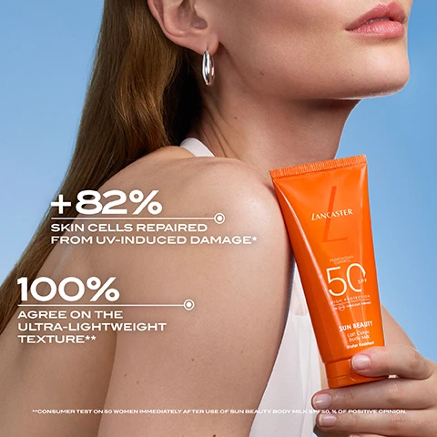 Image 2 - A woman with long hair is holding a tube of Lancaster sun protection product against her shoulder, with statistics visible that read +82% skin cells repaired from UV-induced damage* and 100% agree on the ultra-lightweight texture**, along with the product name Sun Beauty and SPF 50 label.
              Image 3 - An orange travel-sized sun protection product is shown in a transparent pouch next to a larger bottle, both labeled with Lancaster branding, and text reads ON-THE-GO SUN PROTECTION, NOW IN TRAVEL SIZE! Below, the smaller tube displays 100ML, while the larger bottle shows 400ML.