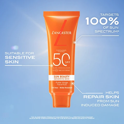 Image 2 - A tube of Lancaster Sun Beauty Sensitive Skin sunscreen with a bright orange design, labeled 50 SPF, suitable for sensitive skin and promoting high protection against sun damage, with the text Targets 100% of sun spectrum*, Suitable for sensitive skin, and Helps repair skin from sun induced damage.
              Image 3 - A close-up of a womans face with a hand gently touching her cheek, displaying a cream being spread onto her skin, alongside the text: SPREAD [1] ONTO FACE & NECKLINE, SMOOTH [2] OVER SEAMLESSLY, REAPPLY [3] FOR BROAD PROTECTION & A TONED UP COMPLEXION.