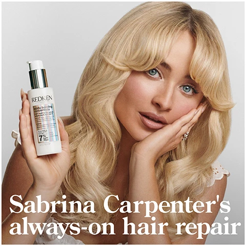 Image 1 - A woman with long, blonde hair holds a bottle of hair repair product near her face, with visible text that reads Sabrina Carpenters always-on hair repair.
              Image 10 - Image features two bottles of Redkens acidic bonding concentrate shampoo and conditioner on a gradient background, with five stars above the bottles and the text BEST IVE EVER USED AND I’M A HAIRDRESSER along with a note stating RECEIVED THE PRODUCT TO TRY FROM MARIE CLAIRE BEAUTY DRAWER, AUG 2022.
              Image 11 - An image showing a close-up of hair with a comb, featuring a diagram illustrating damaged and repaired bonds along with text that reads REINFORCE WEAK BONDS* and SAM VILLA 3G012.
              Image 12 - An infographic showing a hand with three white circular amounts of product, accompanied by labels indicating usage guidelines for different hair types, stating: for fine hair - dime size, for medium hair - nickel size, for thick hair - quarter size, and including the brand name Redken, along with a usage recommendation at the bottom.
              Image 2 - A bottle of Redken acidic bonding concentrate shampoo with bubbles around it, featuring the text SILKY FINISH & GLOSSY SHINE, 56% LESS BREAKAGE*, and 11X SMOOTHER** on a contrasting background.
              Image 3 - The image shows the top of a bottle with a cream-colored product inside, along with text stating 56% less breakage*, 90% more conditioned*, and 11X smoother**.
              Image 4 - Image of a bottle of Redken 24/7 Bond Repair Overnight Treatment on a split background; text includes 24/7 BOND REPAIR, UP TO 89% LESS BREAKAGE, UP TO 3X SOFTER, and additional product details.
              Image 5 - A side-by-side comparison of two hairstyles showing a person with messy, wavy blonde hair on the left labeled BEFORE and the same persons straight, smooth blonde hair on the right labeled AFTER ONE USE, with the text SYSTEM OF ACIDIC BONDING CONCENTRATE INTENSIVE TREATMENT SHAMPOO, CONDITIONER & LEAVE-IN VS. UNDAMAGED HAIR visible at the bottom.
              Image 6 - Image shows a woman with curly hair side-by-side, labeled BEFORE on the left and AFTER* on the right, with visible text at the bottom reading AFTER* ACIDIC BONDING CONCENTRATE SHAMPOO, CONDITIONER AND 24/7 SERUM.
              Image 7 - A textured background features creamy white substances with visible gloss, accompanied by the text CITRIC ACID + BONDING CARE COMPLEX HELPS REPAIR BONDS + PREVENT FUTURE DAMAGE.
              Image 8 - A person with curly hair is holding a bottle of product in one hand while dispensing a small amount into the palm of their other hand, with the text START WITH 2 PUMPS, ADD MORE AS NEEDED REAPPLY NIGHT AND DAY AS DESIRED visible in bold.
              Image 9 - A person with long, wavy hair is shown in two panels; the left side depicts them applying a product to their hair, and the right side shows the styled result, with text at the bottom reading APPLY TO MID-LENGTHS & ENDS ON DAMP OR DRY HAIR.
