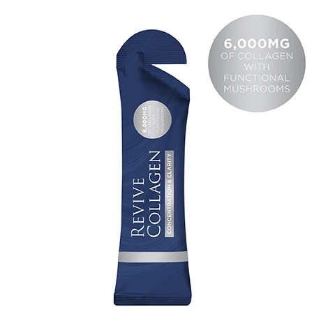 Image 1 - A dark blue Revive Collagen sachet with a tear-notch and silver band displays text Revive Collagen Concentration & Clarity, and a silver circle stating 6,000MG OF COLLAGEN WITH FUNCTIONAL MUSHROOMS, with a larger matching silver badge floating beside it also stating 6,000MG OF COLLAGEN WITH FUNCTIONAL MUSHROOMS. Image 2 - An infographic shows a dark blue sachet of Revive Collagen Concentration & Clarity, which contains 6,000mg of collagen with functional mushrooms, surrounded by icons and text for its ingredients: Reishi Mushroom, Ashwagandha Root, Lions Mane Mushroom, Irish Sea Moss, Chaga Mushroom, Himematsutake Mushroom, and 6,000 mg of Type 1 Marine Collagen. Image 3 - A blue Revive Collagen stick pack, labeled Revive Collagen Concentration & Clarity with 6,000mg Collagen and functional mushrooms, is prominently displayed over a background of wet red apples, with additional visible text stating POWERED BY FUNCTIONAL MUSHROOMS, CAFFEINE FREE, and TASTES LIKE APPLES. Image 4 - A man in a beige jacket holds a dark blue sachet with Revive Collagen text in his mouth, looking at the camera, with the text Drink Up. Think Smart. at the bottom. Image 5 - A dark blue Revive Collagen sachet with text 6,000MG OF COLLAGEN + FUNCTIONAL MUSHROOMS, REVIVE COLLAGEN, CONCENTRATION & CLARITY is centered against a reddish-brown mushroom gill background, accompanied by the phrases LIQUID CLARITY and INSTANT FOCUS.