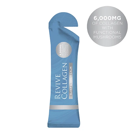 Image 1 - A blue collagen supplement sachet with a tear-notch is shown alongside a separate silver circular badge, featuring the text REVIVE COLLAGEN SLEEP & INNER CALM and 6,000MG OF COLLAGEN WITH FUNCTIONAL MUSHROOMS. Image 2 - A light blue product sachet featuring the text Revive Collagen Sleep & Inner Calm is presented with five ingredient callouts: Reishi Mushroom, Magnesium (Mg), 6,000 mg of Type 1 Marine Collagen, Ashwagandha Root, and Chamomile, plus text 6,000mg of Collagen with Functional Mushrooms. Image 3 - A light blue sachet of Revive Collagen Sleep & Inner Calm lies diagonally on a bed of mixed berries, featuring text that reads REVIVE COLLAGEN SLEEP & INNER CALM, 4,000MG OF COLLAGEN WITH FUNCTIONAL MUSHROOMS, POWERED BY FUNCTIONAL MUSHROOMS & ADAPTOGENS, and TASTES LIKE MIXED BERRIES.