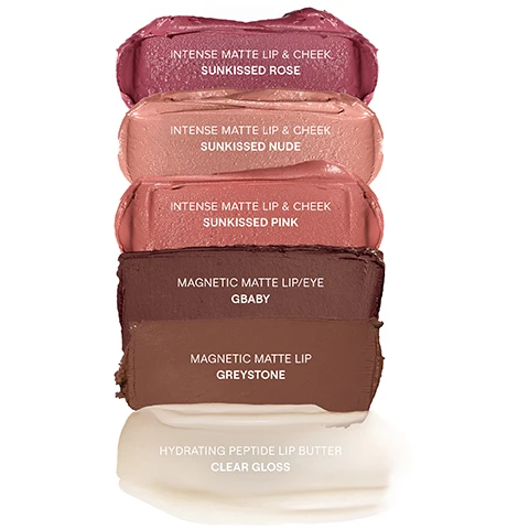 Image 1 - A vertical arrangement of six swatches of lip and cheek products in various shades, with labels including Sunkissed Rose, Sunkissed Nude, Sunkissed Pink, GBAY, Greystone, and Clear Gloss at the bottom.
              Image 10 - Image shows a dark brown makeup crayon labeled NUDESIX in the shade Gabby, alongside a swatch of the same color and text listing its features: waterproof, non-drying, lip staining, no feathering, long wearing, smudge-proof, multi-tasking cream formula (lipstick, lip liner, eye shadow, eye liner, blush, eye primer), magnetic matte finish, and on-the-go stick application.
              Image 11 - A pink lipstick crayon next to a swatch of the same color, with text highlighting features such as waterproof, non-feathering, non-bleeding, non-drying, and long wear for 6 hours, as well as describing it as a 3-in-1 multi-tasking cream formula for lips and cheeks.
              Image 12 - A cream tube labeled NUDESTIX is displayed alongside a creamy product swatch, with statistics indicating peptides increase hyaluronic acid by up to 101%, locks in moisture up to 50%, enhances lip matrix by up to 130% collagen I, and lip plumping increase by up to 15%.
              Image 13 - An open tin contains a selection of six cosmetic products, including lip and eye pencils, next to a mirror, with text stating Every palette comes with a tin, Join a small movement & make a big difference, Reuse your tin: Organize your products & touch up makeup on the go. Other things to store in your tin: jewelry, headsets, etc. and Recycle with us: Tinplate is the most infinitely recyclable material in the world, that can be recycled into useful industrial products.
              Image 2 - A collage of six images showing various lip products applied to lips, featuring shades labeled as Intense Matte Up + Cheek Sunkissed Rose, Intense Matte Up + Cheek Sunkissed Nude, Intense Matte Up + Cheek Sunkissed Pink, Magnetic Matte Lip Eye Gaby, Magnetic Matte Lip Eyeliner Greystone, and Hydrating Peptide Lip Butter Clear Gloss.
              Image 3 - Image features two close-up portraits of lips showcasing the Intense Matte Lip & Cheek product in the shade Sunkissed Rose, with text above stating INTENSE MATTE LIP & CHEEK and SHADE SUNKISSED ROSE, and a note that the product is SHOWN WITH CLEAR LIP BUTTER at the bottom.
              Image 4 - Image shows two close-up views of lips with matte lipstick applied; the top section displays a swipe of lipstick above the text INTENSE MATTE LIP & CHEEK and the bottom section features two different lip colors with a pencil applicator, along with the text *SHADE: SUNKISSED NUDE.
              Image 5 - A split image showing two close-up views of lips; the left side features a person applying a pink lip product with a pencil, while the right side displays the finished matte lip look, labeled as INTENSE MATTE LIP & CHEEK in the shade SUNKISSED PINK.
              Image 6 - Close-up image of a pair of lips with a matte brown lip color, with text at the top reading MULTI-TASKING LONGWEARING (11HRS) MAGNETIC LIP & EYE COLOR and the shade listed as GBABY.
              Image 7 - Close-up of lips wearing a matte brown lip color with visible text stating MULTI-TASKING LONGWEARING (11HRS) MAGNETIC LIP COLOR and SHADE: GREYSTONE.
              Image 8 - Close-up images of three different lips showcasing a glossy lip product with the text Hydrating Peptide Lip Butter and Shade: Clear Gloss.
              Image 9 - Three hands are shown with various swatches of makeup applied to their wrists, featuring labels on the left side indicating the shades: Gravy, Greystone, Sunkissed Rose, Sunkissed Nude, Sunkissed Pink, and Clear Gloss.