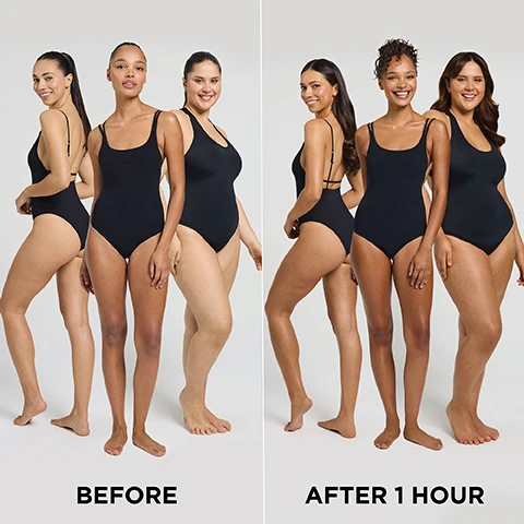 Image 1 - before and after 1 hour Image 2- An abstract image shows a dark, smooth substance shaped like a droplet, with various icons and text labeled around it, including Colourlock Accelerator™ World First Technology, No Added Fragrance Suitable for Sensitive Skin, Fast Acting Your Deepest Glow in 1 Hour, and Hydrating & Lightweight Weightless Formula for Smooth, Glowing Skin.
              Image 3 - Image of a self-tanning product called Bondi Sands Ultra Express, featuring a black pump bottle, a smiling woman applying the product on her arm, and several icons at the bottom highlighting features such as colourlock accelerator, fast-acting, hydrating and lightweight, and no added fragrance, with text that reads ULTRA EXPRESS SELF TANNING FOAM.
              Image 4 - A woman with long dark hair is shown wearing a black bikini top and holding a self-tanning bottle, with bold text that reads GLOW-FORCE SELF TAN FAST TRACKED and a description of the products technology and benefits.