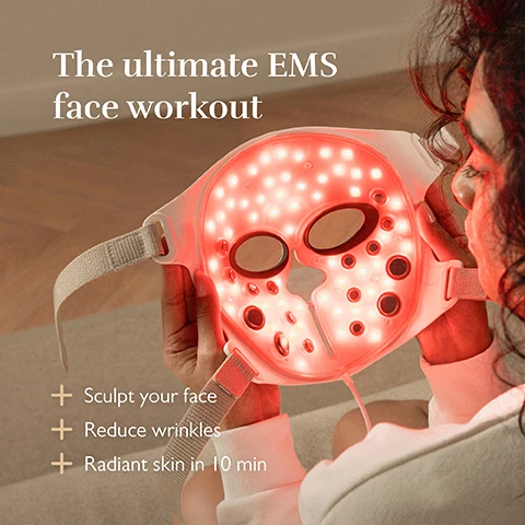 Image 1 - A person holds a glowing red facial device with holes for the eyes, surrounded by text that reads The ultimate EMS face workout and three bullet points stating Sculpt your face, Reduce wrinkles, and Radiant skin in 10 min.
              Image 2 - A persons hand is holding a facial mask with embedded devices, accompanied by text that reads Feel the lifting effect Deep lift & define facial contours with Electrical Muscle Stimulation.
              Image 3 - A woman with curly hair wears a white sweater while holding a white skincare device resembling a mask, with red light illuminating the scene; visible text reads AI-guided skincare insight See your future self with our smart Silkn AI-simulator.
              Image 4 - A person with curly hair wearing a white LED facial mask is seated and holding a handheld device, with text on the image stating Boost collagen, smooth fine lines, Deep Near-Infrared, LED light between 463-1072nm, and 40K light pulses per second.