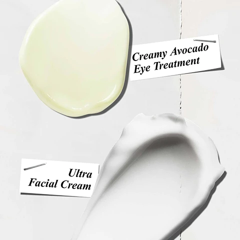 Image 1 - An image showing two different skincare products: a yellowish cream labeled Creamy Avocado Eye Treatment and a white cream labeled Ultra Facial Cream, both displayed on a light background.
              Image 2 - A split image shows a close-up of a fair-skinned person applying eye cream under one eye, while a darker-skinned person applies moisturizer to their cheek, with the words HYDRATING Eye Cream and HYDRATING Moisturiser visible at the bottom.
              Image 3 - An image of two Kiehls skincare products on a wet surface; the first is the Ultra Facial Cream labeled Helps repair skin barrier in 1 hr, and the second is the Creamy Eye Treatment with Avocado, labeled Hydrates eyes.
              Image 4 - An illustration featuring an avocado sliced in half with a visible pit, alongside droplets of water and a label that lists Squalane and Avocado Oil as ingredients, on a bright blue background.
              Image 5 - A persons open hand is shown with a small amount of eye cream on the tip of their finger, alongside a text box that reads DID YOU KNOW? Warm the eye cream between your fingers to transform the formula into a refreshing burst of hydration.