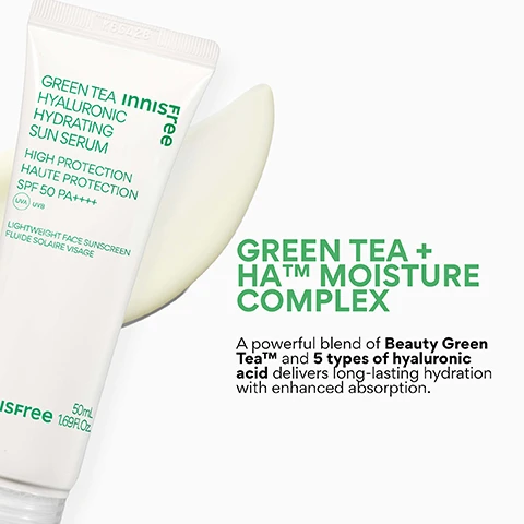 Image 4 - A white tube of Innisfree Green Tea Hyaluronic Hydrating Sun Serum next to a creamy swatch of the product on a white background, with text that reads: GREEN TEA HYALURONIC HYDRATING SUN SERUM, innisfree, free, HIGH PROTECTION HAUTE PROTECTION, SPF 50 PA++++, UVA UVB, LIGHTWEIGHT FACE SUNSCREEN, FLUIDE SOLAIRE VISAGE, innisfree, 50mL, 1.69 FL.OZ. GREEN TEA + HA™ MOISTURE COMPLEX, A powerful blend of Beauty Green Tea™ and 5 types of hyaluronic acid delivers long-lasting hydration with enhanced absorption. Image 5 - A white tube of Innisfree Green Tea Hyaluronic Hydrating Sun Serum is displayed on a light background with green leaves; visible text reads KOREAN SKINCARE + SPF IN ONE, 96% felt that the skin is replenished with moisture after absorption*, 93% felt that the skin stays hydrated for an extended period*, 96% felt the product has a transparent finish, without leaving a white cast*, *Based on a 2-day independent consumer study on 30 women aged 25-35, and on the tube: GREEN TEA innisfree free HYALURONIC HYDRATING SUN SERUM, free, HIGH PROTECTION HAUTE PROTECTION, SPF 50 PA++++, UVA UVB, LIGHTWEIGHT FACE SUNSCREEN FLUIDE SOLAIRE VISAGE, innisfree, 50mL 1.69 fl. Oz. Image 6 - Close-up of a white product tube with water droplets on a light background, featuring green text that reads GREEN TEA HYALURONIC HYDRATING SUN SERUM, HIGH PROTECTION, LIGHTWEIGHT PROTECTION, PA++++, LIGHT FACE SUNSCREEN, SOLAIRE VISAGE, and white overlay text that asks WHO IS THIS GOOD FOR? with bullet points Skincare + SPF in one, Dehydrated skin, No white cast finish.