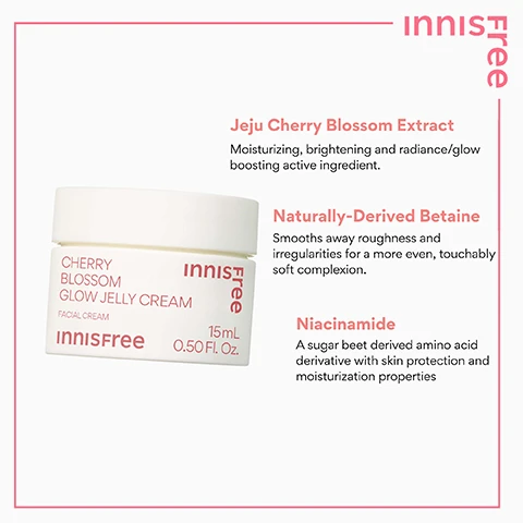 Image 3 - The image displays a white jar of Innisfree Cherry Blossom Glow Jelly Cream, which has the text CHERRY BLOSSOM GLOW JELLY CREAM FACIAL CREAM innisfree 15mL 0.50 Fl. Oz. on its label, next to a description of its key ingredients: Jeju Cherry Blossom Extract, Moisturizing, brightening and radiance/glow boosting active ingredient; Naturally-Derived Betaine, Smooths away roughness and irregularities for a more even, touchably soft complexion; and Niacinamide, A sugar beet derived amino acid derivative with skin protection and moisturization properties, with the innisfree brand name visible in the top right corner. Image 4 - A white tube of Innisfree Green Tea Amino Acid Cleansing Foam is displayed with product details, featuring text on the tube that reads Green Tea innisfree Amino Acid Cleansing Foam, Facial Cleansing Foam, Mousse Purifiante Visage, Cleanse + Hydrate, Nettoie + Hydrate, Innisfree 30 ml 1.01 fl.oz., alongside text on the right that reads innisfree, Beauty Green Tea, Rich in antioxidants and 1.67x more moisturizing ingredients than regular green tea, it helps hydrate and refresh the skin, Amino Acid Complex, With arginine, glutamic acid, and aspartic acid to help maintain hydration and protect the skin barrier during cleansing. Image 5 - A white bottle of Innisfree Green Tea Seed Hyaluronic Serum, surrounded by green tea leaves, is displayed on a white background with a green border; visible text includes innisfree (top right logo), Green Tea + Encapsulated Hyaluronic Acid, Powerful two moistures combination with excellent absorption, Panthenol & Squalane, Helps fortify skins moisture barrier, innisfree (bottom left logo), and on the bottle itself GREEN TEA SEED HYALURONIC SERUM, innisfree, SERUM ACIDE HYALURONIQUE AUX GRAINES DE THÉ VERT, FACIAL SERUM, SÉRUM VISAGE, 10 mL 0.33 Fl. Oz. Image 6 - The image shows a white tube of Innisfree Daily UV Defense Sunscreen next to a list of its key ingredients and benefits. Text reads: innisfree Free. JEJU GREEN TEA Nurtures skin with soothing hydration. SUNFLOWER SEED OIL Delivers lightweight moisture to the skin. CICA (CENTELLA ASIATICA) Soothes skin and reduces visible signs of irritation. ACTIVE INGREDIENTS UV FILTERS Avobenzone 2.5%, Homosalate 7%, Octisalate 4.3% - for high UVA/UVB protection (SPF 30). Text on the sunscreen tube includes: DAILY UV DEFENSE SUNSCREEN™ HIGH PROTECTION HAUTE PROTECTION SPF 30 FACE SUNSCREEN CRÈME SOLAIRE POUR LE VISAGE innisfree 10 ml 0.33 FL. OZ. Free.