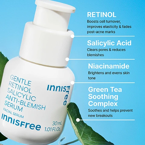 Image 3 - A white Innisfree skincare pump bottle with green leaves on a blue background displays the text: GENTLE RETINOL SALICYLIC ANTI-BLEMISH SERUM, FACIAL SERUM, Innisfree, 30mL 1.01 fl. Oz., and details four key ingredients with their benefits: RETINOL Boosts cell turnover, improves elasticity & fades post-acne marks, Salicylic Acid Clears pores & reduces blemishes, Niacinamide Brightens and evens skin tone, Green Tea Soothing Complex Soothes and helps prevent new breakouts. Image 4 - A white serum bottle dispenses a light-colored liquid on a blue background, next to text promoting Korean Anti-Blemish Serum with results: -31% fewer blemishes in 6 weeks (Visible results after just 1 week: number of blemishes reduced by 26%)*, -15% reduction in post-acne marks after 6 weeks*, -39% smaller pores in 6 weeks (-8% in 1 day, -27% in 1 week)*, -39% less excess sebum in 6 weeks (-27% in 1 week)*, 90% felt their skin was smoother after use**, with footnotes: *Based on a 6-week clinical study on 31 participants aged 20-39. **Based on the volunteers self-evaluation during the clinical study. Image 5 - A person with closed eyes gently touches their cheek, with text on a blue background that reads: WHO IS THIS GOOD FOR? Acne-prone skin, Post-acne marks, Uneven texture & large pores, Sensitive skin.