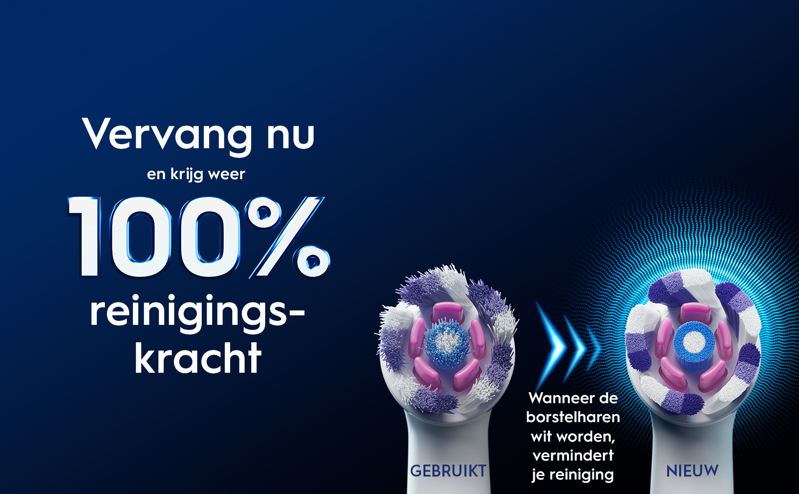 Vervang nu en krijg weer 100% reinigings-kracht GEBRUIKT Wanneer de borstelharen wit worden, vermindert je reiniging NIEUW