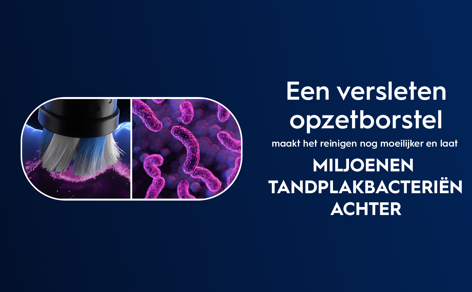 Image shows a split design featuring a close-up of a toothbrush head with blue bristles on the left and a magnified view of bacteria on the right, along with Dutch text stating Een versleten opzetborstel maakt het reinigen nog moeilijker en laat miljoenen tandplakbacteriën achter.
