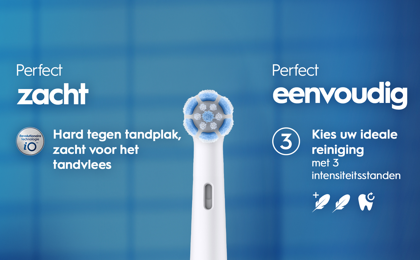 An electric toothbrush head with blue and white bristles is displayed on a blurred blue background, accompanied by text that reads Perfect zacht, Hard tegen tandplak, zacht voor het tandvlees, Perfect eenvoudig, 3 Kies uw ideale reiniging met 3 intensiteitstanden.