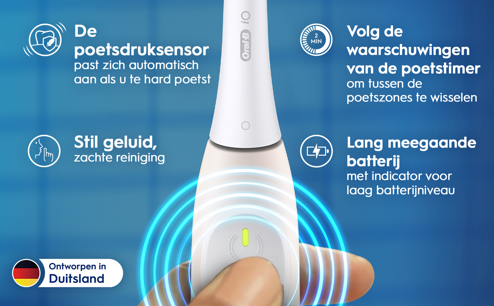 An electric toothbrush with a sleek white design is shown against a blue background, featuring visual icons and text that highlight its features, including a pressure sensor, silent operation, timer, and long-lasting battery. The visible text includes De poetsdruksensor past zich automatisch aan als u te hard poetst, Stil geluid, zachte reiniging, Volg de waarschuwingen van de poetstimer om tussen de poetszones te wisselen, and Lang meeggaande batterij met indicator voor laag batterijniveau.