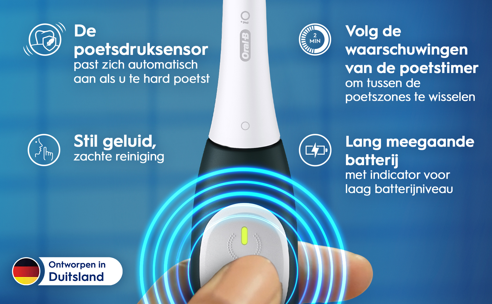 An electric toothbrush with a sleek white design is shown against a blue background, featuring visual icons and text that highlight its features, including a pressure sensor, silent operation, timer, and long-lasting battery. The visible text includes De poetsdruksensor past zich automatisch aan als u te hard poetst, Stil geluid, zachte reiniging, Volg de waarschuwingen van de poetstimer om tussen de poetszones te wisselen, and Lang meeggaande batterij met indicator voor laag batterijniveau.