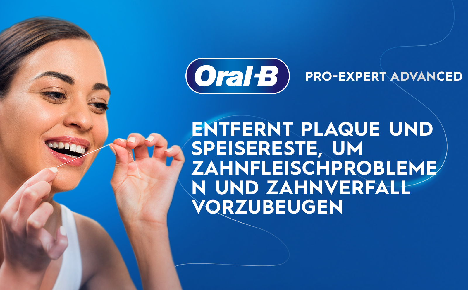Image 1 - A woman with a bright smile is holding dental floss in front of her mouth against a blue background, with the text Oral-B PRO-EXPERT ADVANCED and the German text entfernt plaque und speisereste, um zahnfleischprobleme und zahnverfall vorzubeugen.