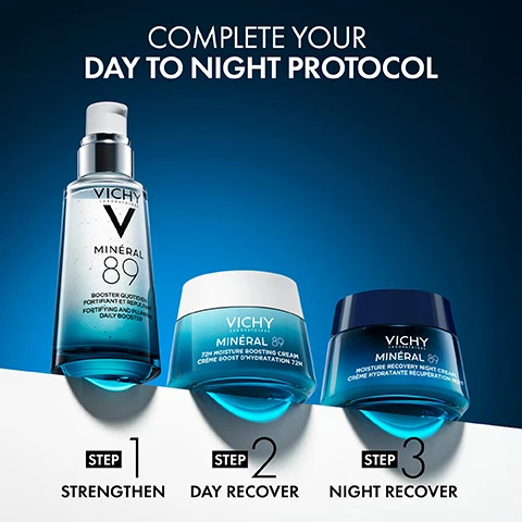 Image 10 - A woman with smooth skin and closed eyes, resting her head on her hand against a dark blue background, with the text Tested Under Dermatological Control and Suitable For Sensitive Skin. Image 2 - Three Vichy Mineral 89 skincare products, a serum bottle, a light blue jar, and a dark blue jar, are displayed against a blue background with glowing light underneath them, illustrating a multi-step routine, accompanied by the text Complete Your Day To Night Protocol, Step 1 Strengthen for Vichy Laboratoires Mineral 89 Booster Quotidien Fortifiant et Repulpant Daily Booster, Step 2 Day Recover for Vichy Laboratoires Mineral 89 72H Moisture Boosting Cream Creme Boost dHydratation 72H, and Step 3 Night Recover for Vichy Laboratoires Mineral 89 Moisture Recovery Night Cream Creme Hydratante Recuperation Nuit. Image 4 - A persons hands demonstrate the application of a product, with one hand holding a clear bottle of Vichy Mineral 89 and the other hand having a drop of product on two fingers, accompanied by instructions: Step 1 Apply twice daily on cleansed face, Vichy Mineral 89 Fortifiant Quotidien Hydratant et Repulpant Daily Booster, Step 2 Smooth on gently until absorbed. Image 8 - The image shows a split screen with clear droplets on the left and blue glowing particles on the right, with text that reads HYALURONIC ACID, MELATONIN, and BOOSTS SKIN PERFORMANCE & ACCELERATES SKIN BARRIER RECOVERY AT NIGHT. Image 9 - A dark blue jar of Vichy Minéral 89 Moisture Recovery Night Cream with white cream visible inside is shown alongside usage instructions: HOW TO USE MINÉRAL 89 MOISTURE RECOVERY NIGHT CREAM STEP 1 APPLY EVERY NIGHT AFTER THE DAILY BOOSTER STEP 2 SMOOTH ON GENTLY UNTIL ABSORBED.